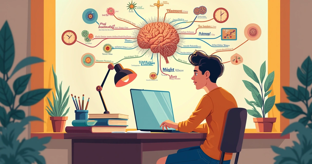 Estudante usando um tablet com um mapa mental brilhante para memorizar conteúdo.