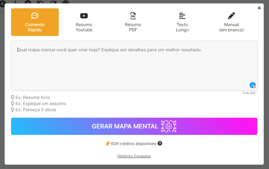 Interface do MapaMental.app gerando um mapa mental sobre Licitações automaticamente com Inteligência Artificial.